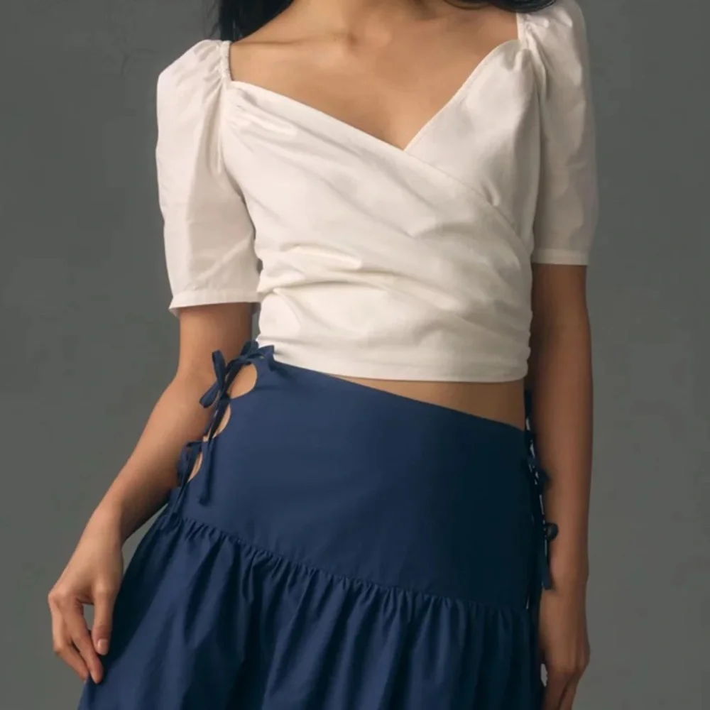 Anthropologie Wrap Top‎ Womens XS White Puff Sleeve Shirt